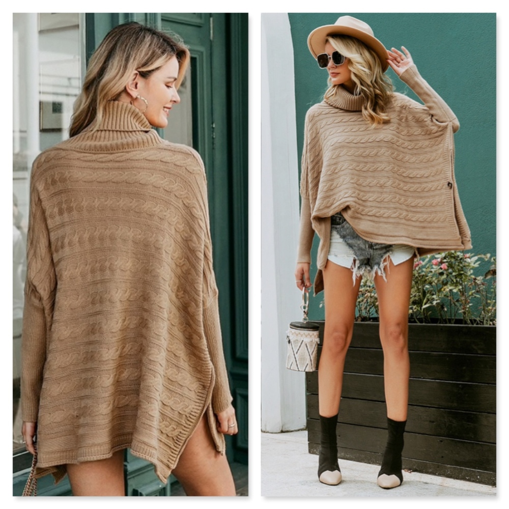 Khaki Cable Knit Turtleneck Poncho - Picture 3 of 8